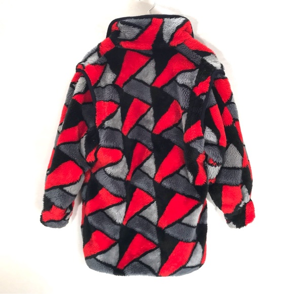 Vintage funky faux fur abstract red grey and black geometric shapes retro jacket - Picture 6 of 8